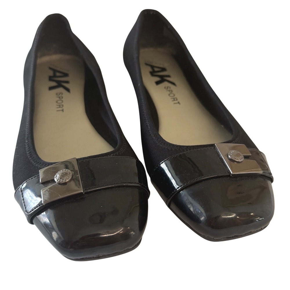 Anne Klein AK Sport Tursala Black Patent Toe Silver Buckle Ballet Flats  8.5M